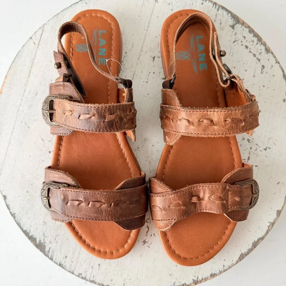 Lane Boots WHISPERWEAVE Western Sandals Brown Cowgirl Slip on Buckle Flats 11